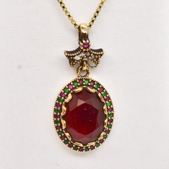 Vintage Womens Ruby & Emerald Pendant in 14kt & 925 Sterling Silver - Picture 1 of 8